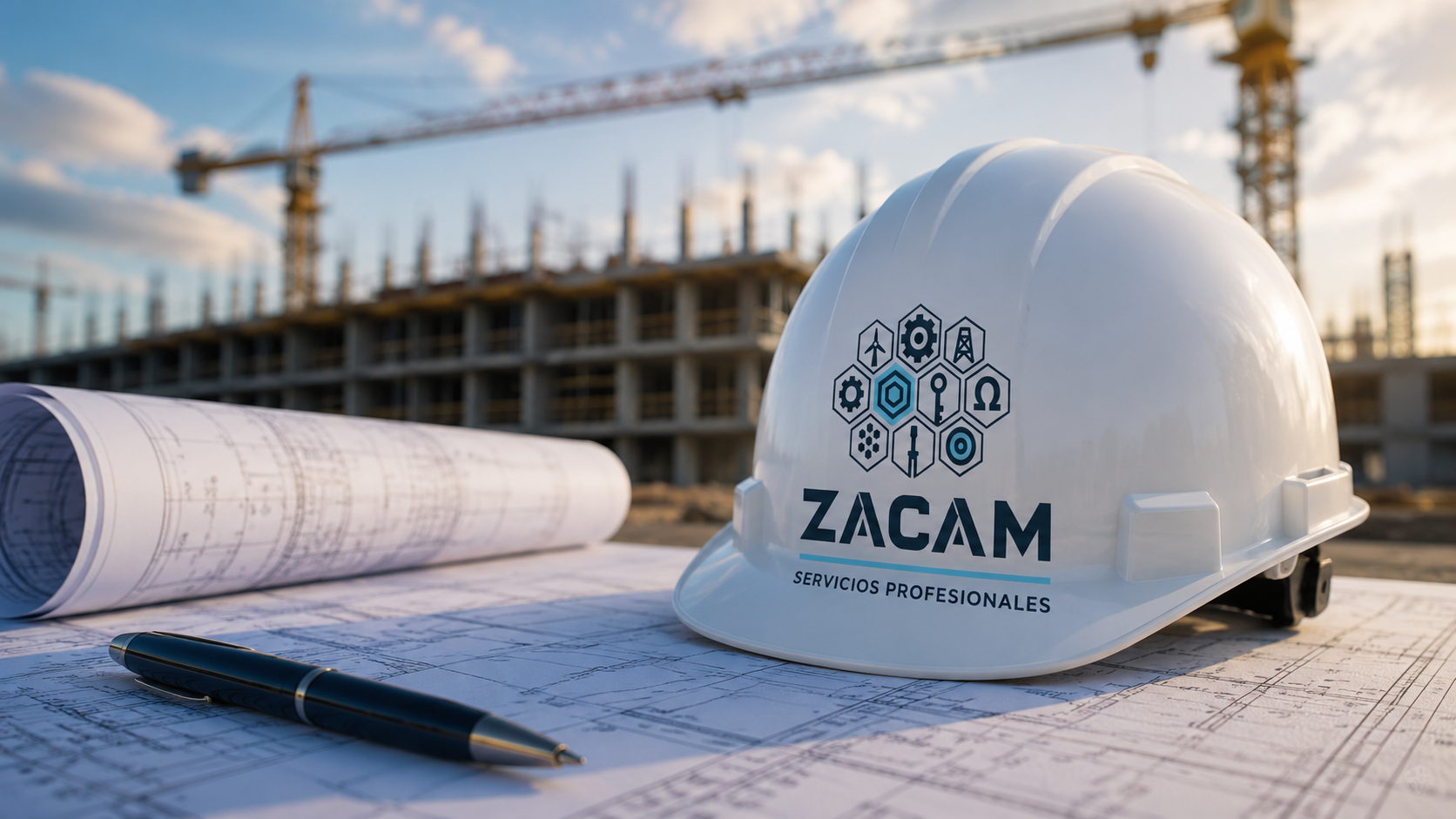 Casco de seguridad de ZACAM sobre planos técnicos frente a una obra de construcción