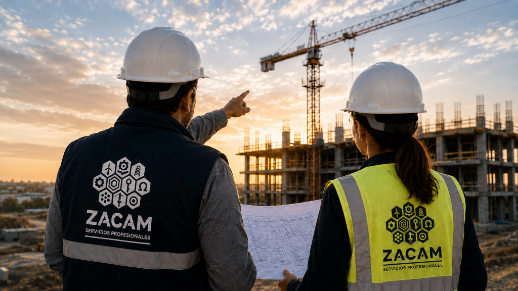 Técnicos de ZACAM supervisando una obra de construcción y revisando planos técnicos